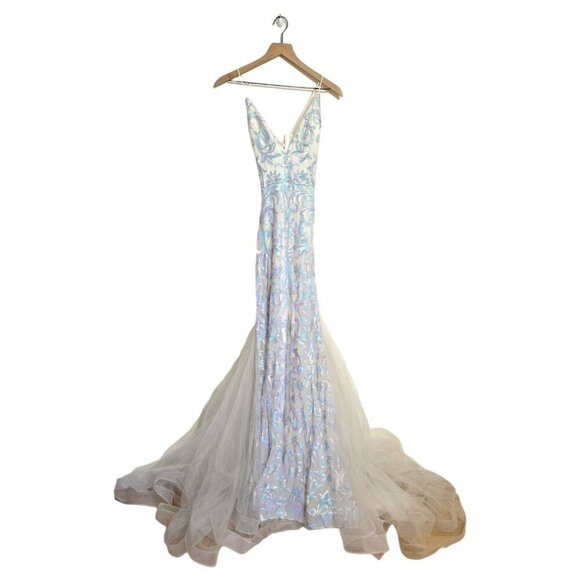 Clarisse NWT Iridescent White Sequin Mermaid Formal Ball Gown Sz 8 - Picture 2 of 16